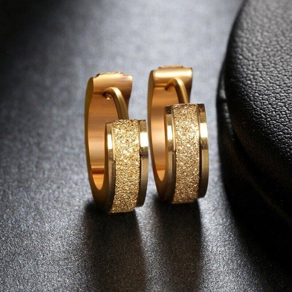 Mens Gold Stainless Steel Frosted Sandblast Hoop Earrings 14mm Party Gift - Picture 1 of 5